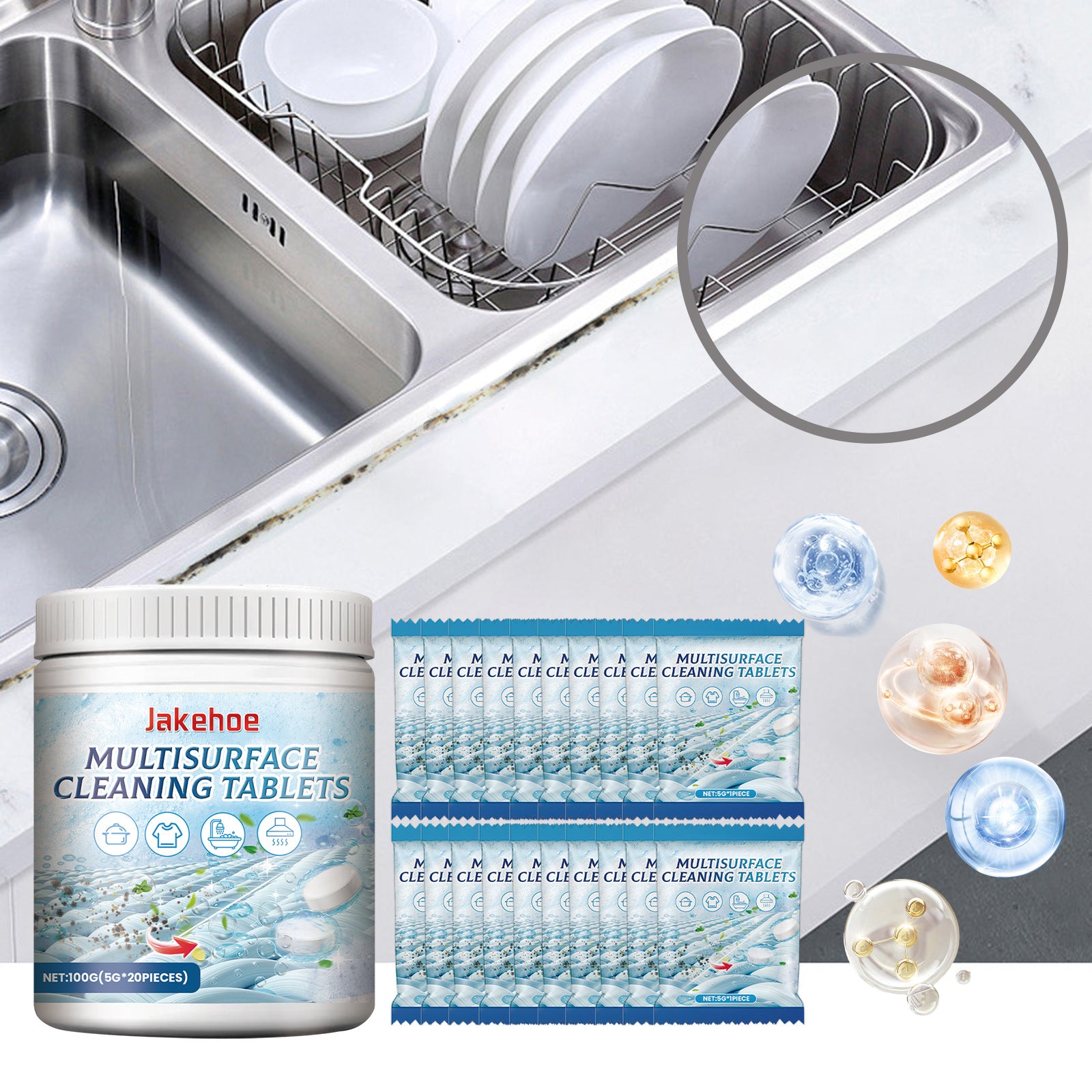Multi-surface cleaning tablet starter kit with spray bottle and tablets